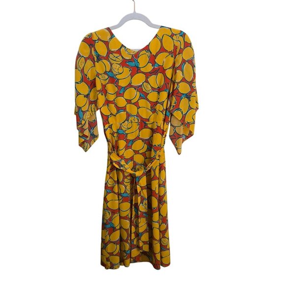 J. Peterman Lemon Print Dress 100% Silk Handkerchief Sleeve V Neck Dress Size 6 - Picture 3 of 7